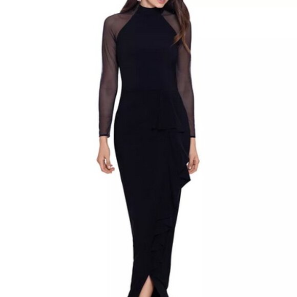 Betsy & Adam Black Illusion Mesh Long Sleeve Velvet Mermaid Gown - Picture 1 of 8